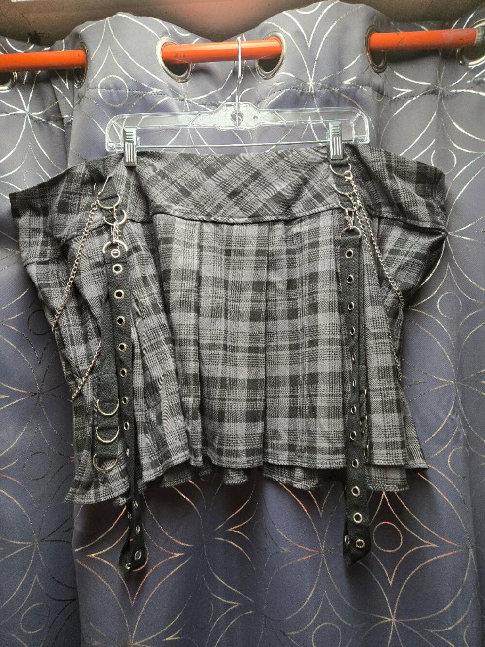 Gray and Black Plaid Skirt with Straps and Chains
